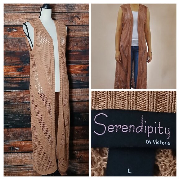 Serendipity L Open Long Knit Duster Vest Cardigan Clay Bohemian Pointelle - Picture 1 of 6